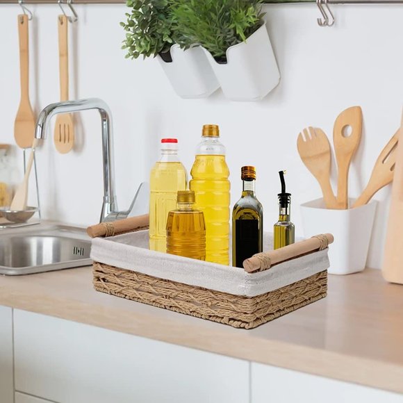 Set OF 2 Beige Rope Wicker Storage Baskets with Handles Decorative Storage Bins - Picture 10 of 10